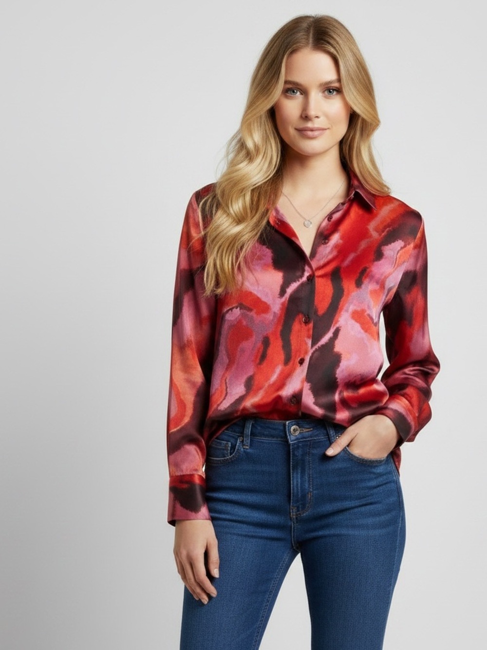Bailey 44 | Multicolor Abstract Watercolor Satin Blouse long sleeve button up
